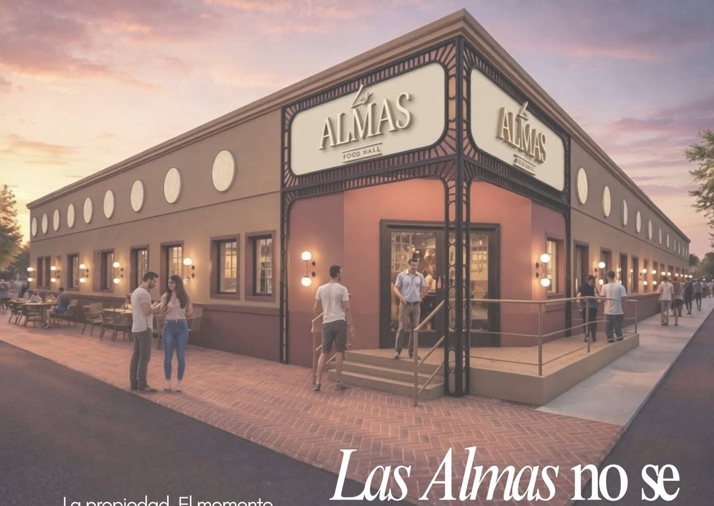 Concept rendering of the Las Almas Food Hall exterior at dusk — corner entrance with lit signage on E. Cano Street