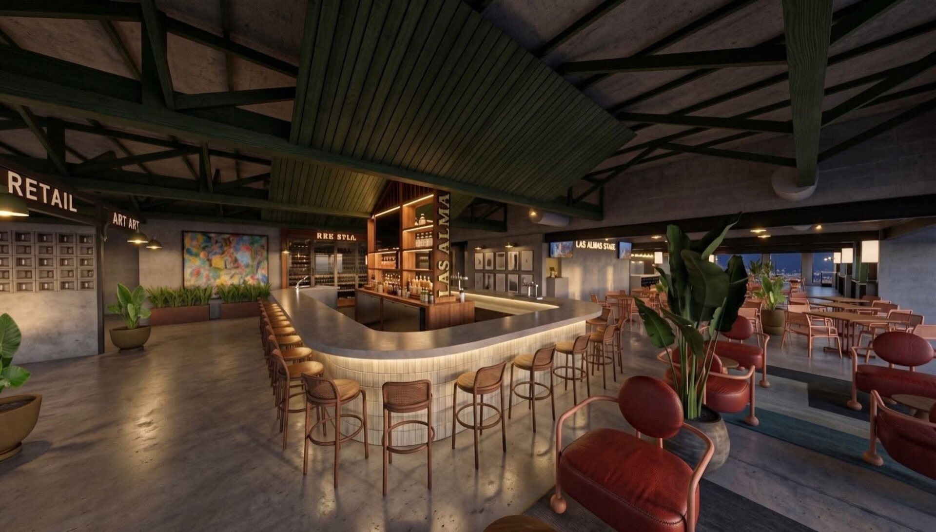 Concept rendering of the Las Almas Food Hall interior — curved lit bar, retail bays and shared seating under exposed trusses